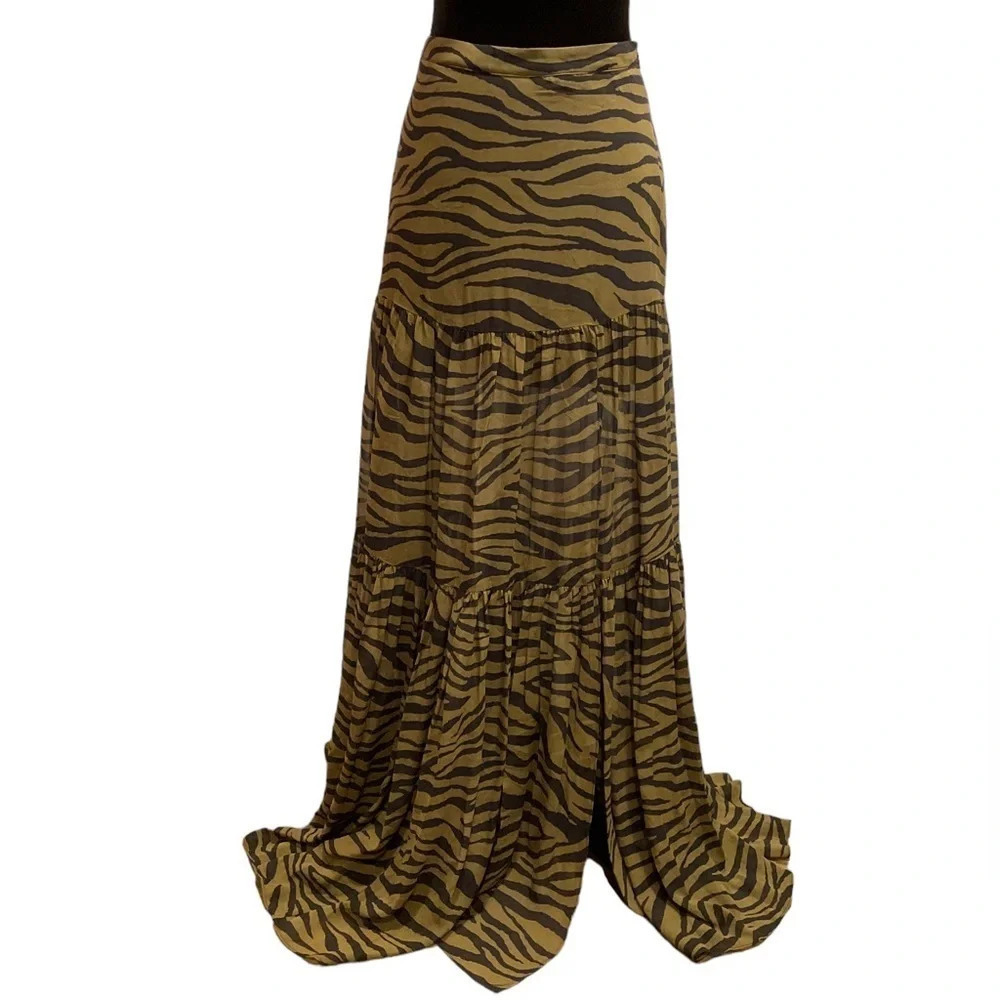 Veronica Beard Olive Green Serence Zebra Silk Maxi Thigh High Slit Skirt - Picture 3 of 12